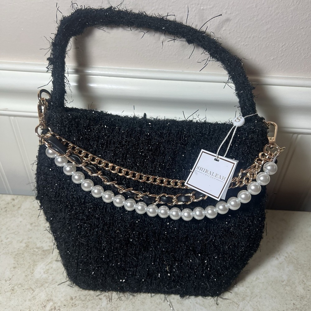 NWT Shiraleah Chicago Annie Top Handle Bucket Bag Black Tweed Pearl Chain Purse
